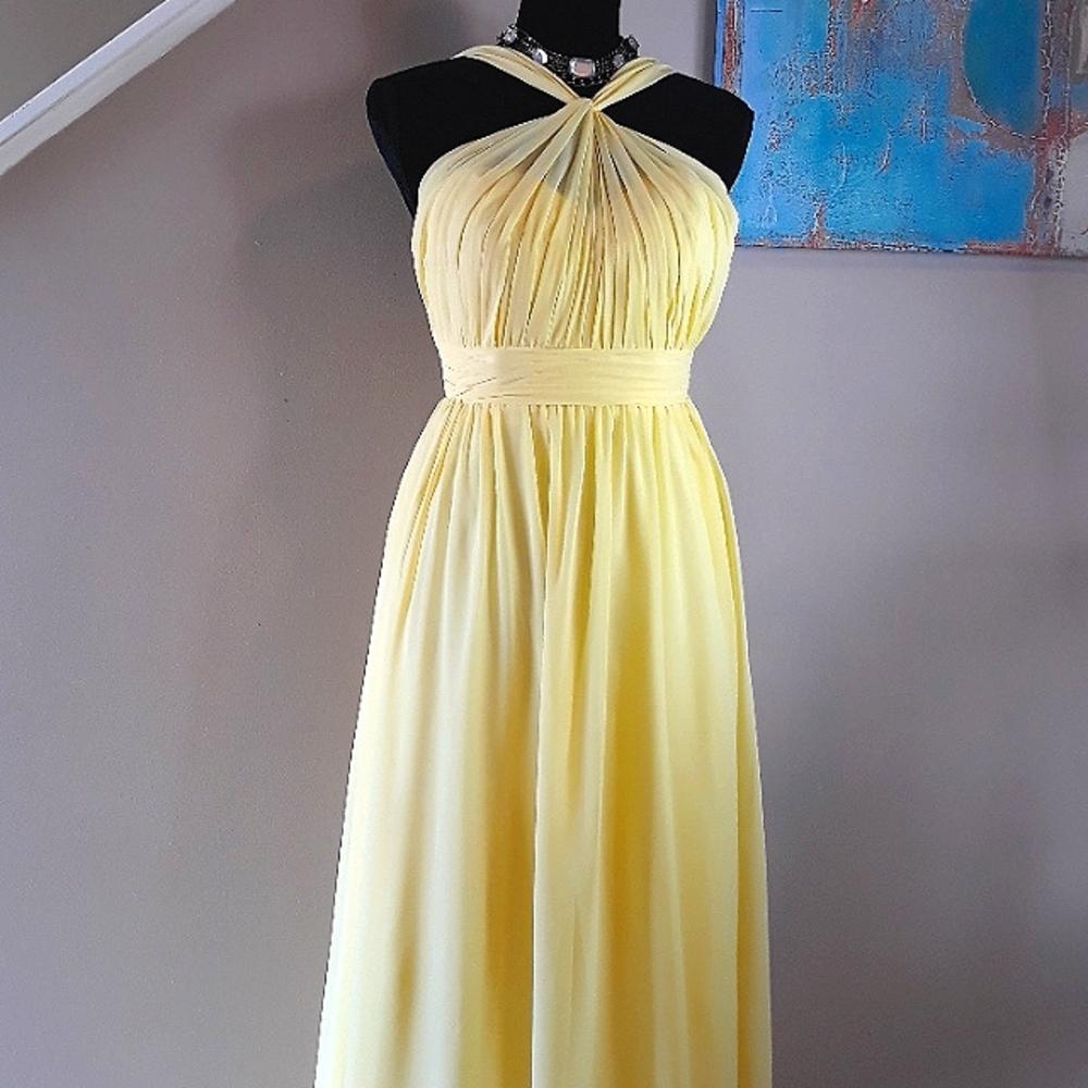 Azazie/ Yellow/ Sheer/ Halter Maxi Dress - Picture 3 of 10